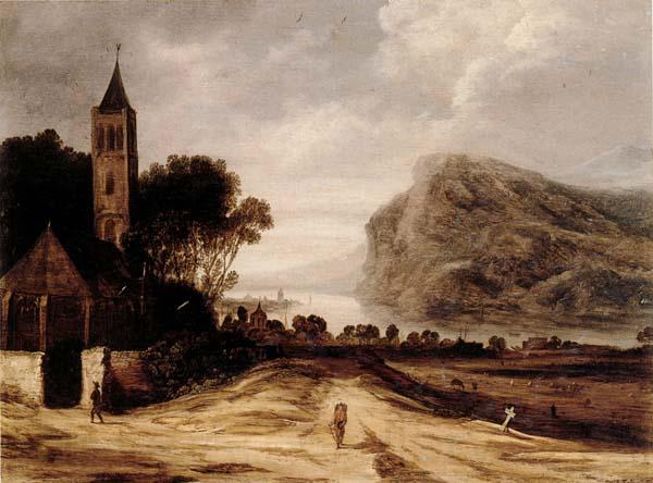 Philippe de Momper An extensiver river landscape with a church,cattle grazing and a traveller on a track Norge oil painting art